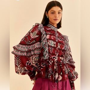 FARM Rio Burgundy Pineapple Inspiration Ruffle Blouse